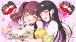  &gt;_&lt; 2girls :3 ^_^ armband black_hair breasts cake champagne_flute cleavage closed_eyes creator_connection cup drinking_glass ear_piercing eyebrows_visible_through_hair fang food frilled_shirt frills fruit hair_behind_ear heart highres holding holding_cake holding_food horns hug hug_from_behind indie_virtual_youtuber jacket lee_roha long_hair medium_hair mugimugigo multiple_girls nijisanji nijisanji_kr off-shoulder_shirt off_shoulder piercing puckered_lips red_scarf scarf shared_scarf shirt smile strawberry sudama_chitose twintails virtual_youtuber white_jacket yellow_shirt 