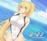  1girl 2022 black_swimsuit blonde_hair blue_eyes blue_sky breasts cloud competition_swimsuit covered_navel day fate/grand_order fate_(series) glasses highres jeanne_d&#039;arc_(fate) jeanne_d&#039;arc_(swimsuit_archer)_(fate) large_breasts long_hair multicolored_clothes multicolored_swimsuit ocean one-piece_swimsuit outdoors pachio ponytail sky solo swimsuit very_long_hair white_swimsuit 