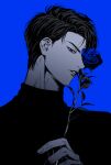  1boy alternate_hairstyle blue_theme chibunyam fingernails flower hand_up head_tilt highres holding holding_flower lips looking_at_viewer male_focus monochrome one_eye_covered parted_lips profile rose rukawa_kaede short_hair simple_background slam_dunk_(series) solo turtleneck upper_body 