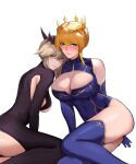  2girls absurdres artoria_pendragon_(fate) artoria_pendragon_(lancer)_(fate) artoria_pendragon_(lancer_alter)_(fate) bare_shoulders black_bodysuit blonde_hair blue_gloves blue_leotard blue_thighhighs blush bodysuit braid braided_bun breasts chinese_commentary cleavage cleavage_cutout clothing_cutout commentary crown dual_persona elbow_gloves fate/grand_order fate_(series) gloves green_eyes grey_hair hair_between_eyes hair_bun highres large_breasts leotard long_hair looking_at_viewer milestone_celebration multiple_girls ribbed_bodysuit sidelocks sitting sleeveless_turtleneck_leotard smile sweat textless_version thighhighs white_background yellow_eyes yi_ke_si_gali_bang yokozuwari 