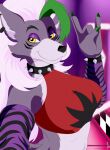  anthro canid canine canis clothing digital_media_(artwork) ear_piercing female five_nights_at_freddy&#039;s five_nights_at_freddy&#039;s:_security_breach fur green_hair hair hand_sign hi_res jorge-the-wolfdog looking_at_viewer mammal piercing roxanne_wolf_(fnaf) scottgames solo video_games wolf 
