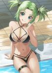  1girl absurdres bikini black_bikini breasts commission droite_(tales) english_commentary green_eyes green_hair hair_rings highres large_breasts o-ring pool poolside rourou_ill short_hair sidelocks smile solo swimsuit tales_of_(series) tales_of_vesperia thigh_ring tongue tongue_out twintails water wet 