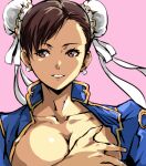  1girl blue_dress bow breasts brown_eyes brown_hair bun_cover china_dress chinese_clothes chun-li collarbone commentary_request covering_breasts covering_privates double_bun dress earrings gold_trim hair_bun jewelry kamisimo_90 looking_at_viewer medium_breasts open_clothes open_shirt pink_background portrait smile solo street_fighter 