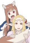  2girls :d animal_ear_fluff animal_ears blonde_hair blunt_bangs blush_stickers brown_hair commentary_request crossover edomae_elf eldali_ilma_fanomenel elf flower forehead hair_flower hair_ornament hand_on_another&#039;s_ear head_tilt headpiece highres holo hugging_tail japanese_clothes koshimizu_ami long_hair long_sleeves looking_at_another looking_at_viewer miko multiple_girls parted_bangs pointy_ears red_eyes sidelocks simple_background smile spice_and_wolf tail ueyama_michirou voice_actor_connection white_background wide_sleeves wolf_ears wolf_girl wolf_tail 
