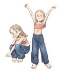 &gt;_&lt; 1girl absurdres ann_(pokoro) armpits arms_up bare_arms bare_shoulders barefoot blonde_hair blue_pants blush camisole child commentary crop_top denim english_commentary forehead full_body grey_eyes hand_on_own_chin head_rest highres jeans looking_at_viewer medium_hair midriff multiple_views navel original outstretched_arms paid_reward_available pants pokoro red_camisole simple_background sitting standing v-shaped_eyebrows white_background 