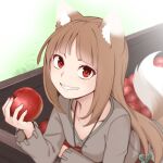  1girl animal_ears apple brown_hair commentary fang food fruit holding holding_food holding_fruit holo long_hair looking_at_viewer red_eyes smile solo spice_and_wolf symbol-only_commentary tail tamahana wagon wolf_ears wolf_girl wolf_tail 