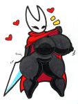 anthro areola arthropod big_breasts black_areola black_body black_eyes black_nipples blush blush_lines breasts cloak cloak_only clothed clothing clothing_lift empty_eyes eyelashes featureless_feet feet female flashing genitals heart_symbol hi_res holding_object holding_weapon hollow_knight hornet_(hollow_knight) huge_breasts insect mr_ctm nipples nude pussy red_cloak red_clothing simple_background slightly_chubby solo team_cherry thick_thighs weapon white_background white_body wide_hips