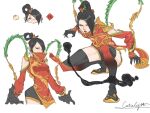  1girl absurdres apex_legends black_gloves black_hair black_shorts black_thighhighs brown_eyes catalyst_(apex_legends) china_dress chinese_clothes chinese_commentary clothing_cutout dragon_queen_catalyst dress du_shui_kele frown gloves hair_over_one_eye hair_rings highres looking_at_viewer multiple_views official_alternate_costume open_hands red_dress red_lips shorts shoulder_cutout squatting thighhighs v-shaped_eyebrows white_background 