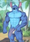  2021 5_fingers abs alien anthro anthrofied big_muscles biped black_eyes blue_body blue_claws blue_fur blue_nose blush blush_lines bulge claws clothed clothing disney experiment_(lilo_and_stitch) fingers flaccid foreskin fur genitals grin hand_on_hip head_tuft hi_res humanoid_hands lilo_and_stitch looking_at_viewer male muscular muscular_anthro muscular_male nipples notched_ear outside palm_tree pecs penis plant poking_out portrait pubes purple_penis reiner55 signature smile solo standing stitch_(lilo_and_stitch) text thick_thighs three-quarter_portrait tree tuft underwear underwear_only url vein veiny_penis watermark 