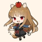  1girl 2in2in2in :d animal_ear_fluff animal_ears apple apple_on_head black_skirt black_vest blue_shirt blunt_bangs blush_stickers brown_hair chibi commentary_request fang food fruit fur-trimmed_skirt fur-trimmed_vest fur_trim happy holo light_brown_background long_hair long_sleeves looking_at_viewer open_mouth outstretched_arms red_eyes shirt sidelocks simple_background skirt smile solo spice_and_wolf standing straight_hair tail teeth upper_teeth_only very_long_hair vest wolf_ears wolf_girl wolf_tail 