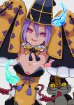  1girl absurdres baggy_pants bare_shoulders black_hat black_pants breasts cleavage detached_collar detached_sleeves fate/grand_order fate_(series) hair_between_eyes hat highres hip_vent keshigomusan1 large_breasts lattice looking_at_viewer open_mouth pants pelvic_curtain purple_eyes purple_hair scrunchie shirt short_hair side_slit skirt sleeves_past_fingers sleeves_past_wrists smile solo strapless strapless_shirt talisman tassel wide_sleeves wrist_scrunchie wu_zetian_(fate) wu_zetian_(swimsuit_caster)_(fate) wu_zetian_(swimsuit_caster)_(second_ascension)_(fate) yellow_skirt 