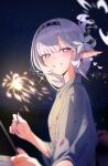  1girl alternate_costume black_hairband blue_archive blurry blush commentary depth_of_field fingernails floral_print_kimono flower folded_ponytail grey_hair grey_kimono hair_flower hair_ornament hairband halo highres himari_(blue_archive) holding_fireworks japanese_clothes kimono long_fingernails looking_at_viewer mole mole_under_eye nail_polish night night_sky pointy_ears purple_eyes purple_nails sky smile solo symbol-only_commentary upper_body white_hair white_halo zanya_000 