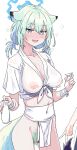  1girl alcohol animal_ears aqua_hair blue_archive blue_eyes bottle breasts clearite cup female_pubic_hair fundoshi halo happi highres holding holding_cup japanese_clothes large_breasts low_twintails navel pubic_hair sake sake_bottle shigure_(blue_archive) simple_background twintails wet wet_clothes white_background 