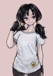  1girl bike_shorts black_hair blue_eyes closed_mouth dragon_ball dragon_ball_z fingerless_gloves gloves highres long_hair looking_at_viewer shirt simple_background sisyoou smile solo twintails videl white_shirt 