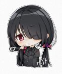  1girl black_hair black_ribbon chibi date_a_live goth_fashion hair_between_eyes hair_over_one_eye highres looking_at_viewer low_twintails one_eye_closed red_eyes ribbon solo speech_bubble spoken_squiggle squiggle tokisaki_kurumi twintails yangfan 