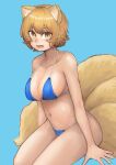  1girl absurdres bangs bikini blonde_hair blue_background blue_bikini breasts chanta_(ayatakaoisii) cleavage feet_out_of_frame fox_tail highres large_breasts looking_at_viewer multiple_tails navel shadow short_hair simple_background solo swimsuit tail touhou yakumo_ran yellow_eyes 