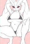 2024 anthro armpit_fetish belly big_breasts bikini black_sclera blush breasts clothed clothing crouching curvy_figure female female_anthro fur generation_4_pokemon hands_behind_head hi_res huge_thighs lagomorph looking_at_viewer lopunny mammal monochrome navel ninesm nintendo panties pokemon pokemon_(species) presenting red_eyes sagging_breasts shiny_pokemon signature simple_background solo spread_legs spreading swimwear thick_thighs underwear voluptuous