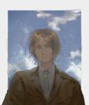  1boy blue_eyes blue_sky border brown_hair brown_jacket chinese_commentary cloud collared_shirt commentary_request eren_yeager expressionless highres jacket looking_up male_focus necktie outdoors outside_border parted_lips ramiica shingeki_no_kyojin shirt short_hair sky solo upper_body white_border white_necktie white_shirt 