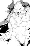 2024 2_horns 5_fingers abs anthro biceps biped black_and_white black_nose black_sclera bottomless canid canid_demon canine chest_tuft claws clothed clothing coat coat_only demon fingers fur hellhound hi_res horn humanoid_hands kmd023 male mammal monochrome muscular muscular_anthro muscular_male muscular_thighs mythological_canine mythological_creature mythology nipples pecs simple_background standing topwear topwear_only tuft white_background