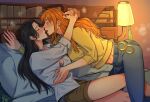  2girls arms_around_neck bed black_hair blush bookshelf breasts closed_eyes denim earrings highres jewelry kiss large_breasts long_hair long_sleeves midriff multiple_girls nami_(one_piece) nico_robin one_piece onti999 open_clothes orange_hair shorts stomach tongue tongue_out yuri 