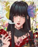  1girl artist_name black_collar black_hair black_kimono blowing_smoke branch collar collarbone commentary etroveria final_fantasy final_fantasy_xiv floral_background flower green_eyes hair_flower hair_ornament hand_up holding holding_smoking_pipe hyur japanese_clothes kimono kiseru lace_collar long_hair looking_at_viewer mole mole_under_mouth portrait purple_flower red_lips red_trim smoke smoking_pipe solo straight_hair twitter_username yotsuyu_goe_brutus 