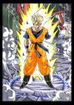  1boy amputee aura black_footwear blonde_hair blue_shirt boots city clenched_hand dougi dragon_ball dragon_ball_z electricity full_body highres kakeru_(dbskakeru) muscular muscular_male orange_pants orange_shirt pants red_eyes serious shirt short_hair short_sleeves sleeveless sleeveless_shirt solo son_gohan son_gohan_(future) spiked_hair super_saiyan super_saiyan_2 