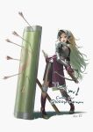  1girl alternate_costume armor armored_dress arrow_(projectile) artist_name commentary commission crossbow english_commentary fingerless_gloves fire_emblem fire_emblem_awakening gloves green_hair helmet highres holding holding_crossbow holding_weapon kazuko_(towa) long_hair nowi_(fire_emblem) open_mouth pauldrons pointy_ears ponytail purple_eyes shadow shield shoulder_armor simple_background solo thank_you weapon white_background 