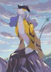  claws cloud commentary_request day highres mo~zu no_humans orange_eyes outdoors pokemon pokemon_(creature) raikou rock sky solo standing tusks 