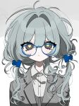 1girl binder_clip blue-framed_eyewear buttons closed_mouth collared_shirt glasses grey_eyes grey_jacket grey_shirt hair_intakes hair_ornament highres inochi_memo_(oosawagidays) jacket long_hair looking_at_viewer low_twintails messy_hair original shirt simple_background solo straight-on twintails upper_body yellow_pupils 