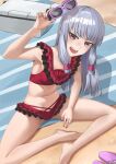  1girl absurdres agria_(tales) beach bikini blush cooler crossed_legs freckles frilled_bikini frills highres long_hair nail_polish open_mouth outdoors purple_eyes red_nails rourou_ill sand sandals sitting solo sunglasses swimsuit tales_of_(series) tales_of_the_rays tales_of_xillia white_hair 