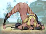  1girl ass blonde_hair commission dark_skin flexible full_body genzoman gravity_daze hands_on_ground highres jack-o&#039;_challenge kitten_(gravity_daze) meme red_eyes solo spread_legs stretching top-down_bottom-up wide_spread_legs 