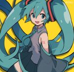  1girl aqua_eyes aqua_hair arm_tattoo bare_shoulders blue_eyes blue_hair character_name detached_sleeves floating_hair hair_between_eyes hair_ornament hatsune_miku highres long_hair looking_to_the_side necktie open_mouth pleated_skirt red_pupils shirt skirt sleeves_past_fingers sleeves_past_wrists smile solo tattoo thighhighs toukashi_(2tou9) twintails very_long_hair vocaloid yellow_background 