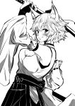 1girl absurdres animal_ear_fluff animal_ears breasts detached_sleeves greyscale hat highres holding holding_sword holding_weapon inubashiri_momiji looking_at_viewer monochrome sen_(daydream_53) short_hair simple_background smile solo sword tokin_hat touhou weapon white_background wide_sleeves wolf_ears wolf_girl 
