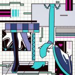  abstract aqua_nails aqua_necktie blue_sleeves boots collared_shirt commentary_request grid_background hand_up hatsune_miku heart limited_palette long_sleeves machigami_yoh necktie shirt tagme thigh_boots vocaloid white_background wide_sleeves 
