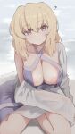  1girl ? blonde_hair blurry breasts cleavage depth_of_field gundam gundam_seed gundam_seed_destiny hair_between_eyes highres large_breasts long_hair looking_at_viewer nipples nsb36046_(na) parted_lips pink_eyes purple_eyes sitting solo stellar_loussier swimsuit_cover-up variant_set wet 