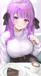  1girl black_ribbon black_skirt blush braid breasts cake coffee coffee_cup cup disposable_cup food french_braid hair_ribbon highres indie_virtual_youtuber large_breasts long_hair long_sleeves looking_at_viewer mole mole_under_eye otsuka_ray plate pleated_skirt prsdubstep purple_eyes purple_hair ribbed_sweater ribbon signature skirt smile solo spoon sweater turtleneck turtleneck_sweater whipped_cream white_sweater 