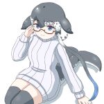  1girl adjusting_eyewear blowhole blue_eyes blue_hair blue_whale_(kemono_friends) blue_whale_(kemono_friends)_(cosplay) cetacean_tail cosplay dolphin_girl dress fins fish_tail glasses grey_hair grey_thighhighs head_fins kemono_friends long_sleeves mukouyama_mu multicolored_hair narwhal_(kemono_friends) semi-rimless_eyewear short_hair_with_long_locks solo sweater sweater_dress tail thighhighs turtleneck turtleneck_sweater white_dress white_hair zettai_ryouiki 