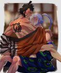  2boys back_tattoo beard black_hair blush breath clothed_sex denjirou_(one_piece) facial_hair feet_out_of_frame happy_sex implied_anal implied_sex japanese_clothes kimono kinemon long_sideburns male_focus multiple_boys naked_kimono open_clothes open_kimono ponytail purple_hair short_hair sideburns smile sweat tattoo tied_hair toned toned_male yaoi zaoanjisi 