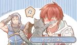  2boys adol_christin anger_vein brown_gloves cat closed_eyes commentary_request duren_(ys) gauntlets gloves grey_fur male_focus mature_male medium_hair mishiro_(andante) multiple_boys open_mouth red_hair scratches short_hair spoken_anger_vein sweat translation_request white_hair ys ys_memories_of_celceta 
