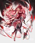  1girl black_thighhighs boots bow chain collared_dress detached_sleeves dress floating_hair frilled_dress frills full_body hair_bow highres holding holding_weapon knee_boots labroiy long_hair magical_girl mahou_shoujo_madoka_magica mahou_shoujo_madoka_magica_(anime) open_mouth ponytail red_dress red_eyes red_footwear red_hair sakura_kyoko sleeveless sleeveless_dress solo thighhighs three_section_staff watermark weapon white_background white_sleeves 