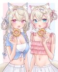  2girls alternate_costume animal_ear_fluff animal_ears blonde_hair blue_eyes blue_hair blue_shirt blush breasts cleavage dog_ears dog_girl dog_tail doughnut fangs food frilled_shirt frills fuwawa_abyssgard highres holding_doughnut hololive hololive_english large_breasts long_hair looking_at_viewer medium_hair mococo_abyssgard multicolored_hair multiple_girls navel open_mouth pink_eyes pink_hair pink_shirt pon_de_ring sein_025 shirt shorts siblings sisters smile streaked_hair tail twins virtual_youtuber white_background white_shorts 
