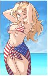  1girl absurdres alternate_costume american_flag_bikini arms_behind_head arms_up beach bikini blonde_hair blue_eyes blush breasts day eyewear_on_head flag_print girls_und_panzer highres kay_(girls_und_panzer) large_breasts long_hair lulushi057 navel one_eye_closed outdoors parted_bangs parted_lips smile solo sunglasses swimsuit 