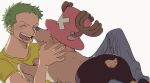  2boys blush brown_fur feet_out_of_frame green_hair hat male_focus multiple_boys noses_touching ns1123 one_piece reindeer roronoa_zoro shirt short_hair sideburns simple_background smile tony_tony_chopper top_hat white_background yellow_shirt 