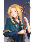 1girl blonde_hair blue_capelet blue_dress braid bright_pupils capelet choker closed_mouth commentary cowboy_shot dress dungeon_meshi elf expressionless forehead french_braid green_eyes grey_background hand_up highres holding holding_staff lips long_hair long_sleeves looking_to_the_side mage_staff marcille_donato nose parted_bangs pointy_ears ranveld red_choker signature simple_background solo staff twin_braids wide_sleeves 