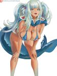  1girl absurdres adapted_costume aged_up alternate_breast_size alternate_hairstyle alva_(artofalva) bare_legs bent_over bikini blue_eyes blue_hair blue_nails blunt_bangs breasts cleavage covered_nipples deep_skin feet_out_of_frame fins fish_tail gawr_gura grey_hair hands_on_own_knees hanging_breasts highres hololive hololive_english hood jewelry long_hair looking_ahead multicolored_hair neck_ring necklace open_mouth shark_print shark_tail sharp_teeth simple_background smile solo streaked_hair swimsuit tail tan tanlines teeth twintails virtual_youtuber white_background 
