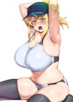  1girl absurdres ahoge armpits arms_behind_head arms_up artoria_pendragon_(fate) bare_shoulders baseball_cap blonde_hair blue_eyes blue_headwear blush breasts cleavage collarbone covered_nipples fate/grand_order fate_(series) grey_legwear hair_between_eyes hair_through_headwear hakai_shin hat highres huge_breasts long_hair looking_at_viewer mysterious_heroine_xx_(fate) navel open_mouth panties ponytail sidelocks sitting solo sports_bra sweat thighhighs thighs underwear wariza white_panties white_sports_bra 