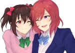  2girls black_hair blue_bow blue_bowtie bow bowtie cardigan cheek-to-cheek closed_mouth collared_shirt commentary_request furrowed_brow green_bow green_bowtie hair_between_eyes heads_together highres jacket kiruto_(artar_12) long_sleeves looking_at_another love_live! love_live!_school_idol_project medium_hair multiple_girls nishikino_maki one_eye_closed open_clothes open_jacket open_mouth otonokizaka_school_uniform pink_cardigan purple_eyes red_eyes red_hair school_uniform shirt sidelocks striped_bow striped_bowtie striped_clothes twintails upper_body white_background white_shirt winter_uniform yazawa_nico yuri 