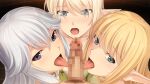  3girls bangs blonde_hair blue_eyes catherin_audran censored elf eyebrows_visible_through_hair eyes_visible_through_hair fellatio game_cg hair_between_eyes indoors judith_yulentinus licking licking_penis long_hair looking_at_viewer looking_up male_pubic_hair mosaic_censoring multiple_girls oral penis pointy_ears pov pubic_hair purple_eyes sakurajima_saromako shiny shiny_hair silver_hair tetsu_to_ra tongue tongue_out 