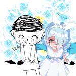  1boy 1girl absurdres arona_(blue_archive) blue_archive blue_hair blue_halo blue_shirt doodle_sensei_(blue_archive) hair_over_one_eye hairband halo highres looking_at_viewer open_mouth proxyl sailor_collar sensei_(blue_archive) shirt short_hair skirt smile white_hairband white_sailor_collar white_skirt 