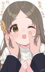  1boy 1girl :o black_sleeves blush brown_eyes buttons cheek_press commentary_request dot_nose ear_blush flying_sweatdrops forehead gakuen_idolmaster hair_ornament hand_on_another&#039;s_cheek hand_on_another&#039;s_face hands_on_own_chest highres idolmaster ima_(lm_ew) kuramoto_china lace-trimmed_shirt lace_trim leaf_hair_ornament light_brown_hair long_hair looking_at_viewer one_eye_closed parted_bangs producer_(idolmaster) shirt sidelocks signature teeth translation_request upper_teeth_only white_background white_shirt 
